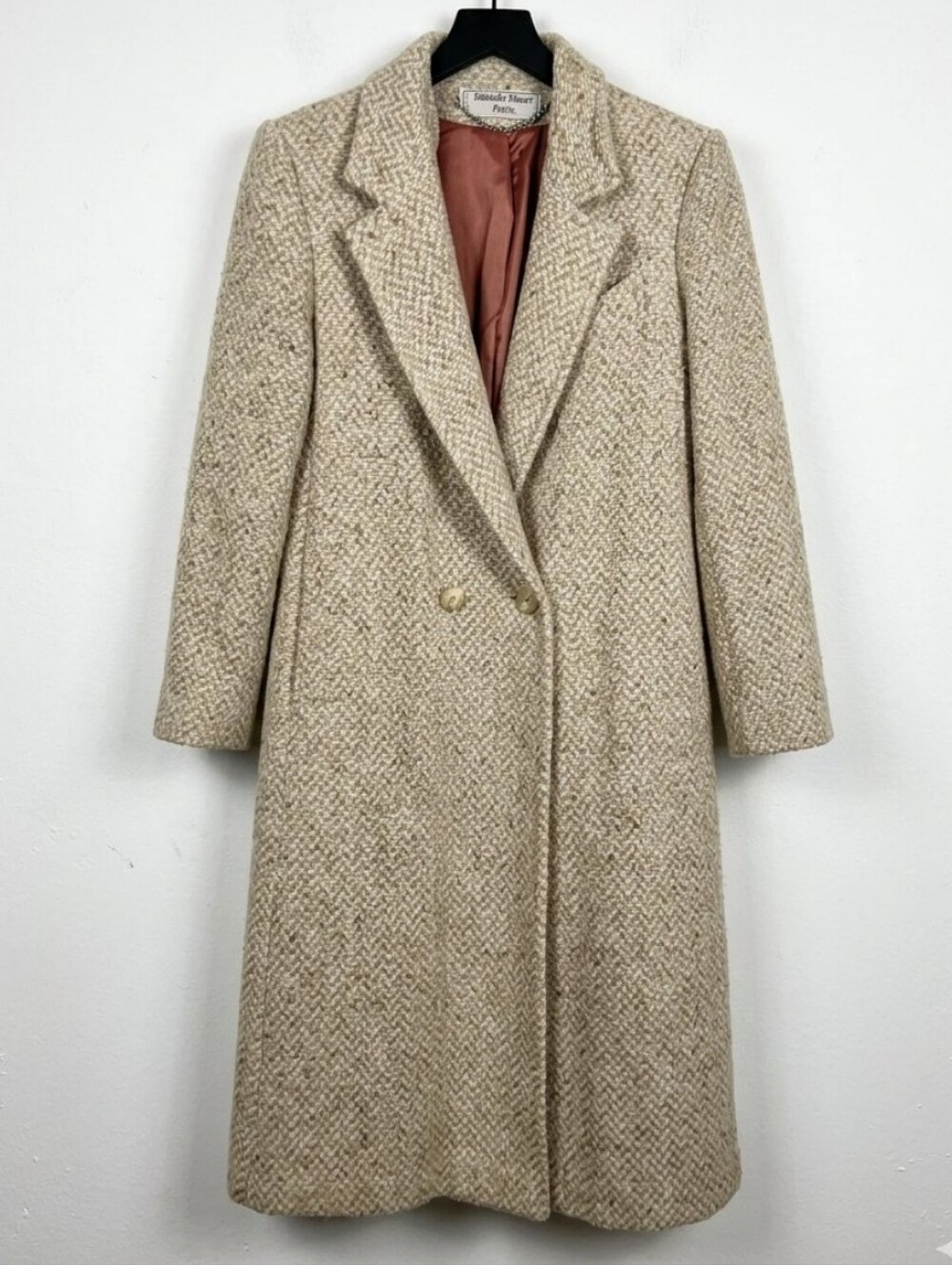 VTG Michelle Stuart Petite Tweed Wool Herringbone Long Coat Trench Oatmeal Beige